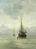 Kalme zee van Hendrik Willem Mesdag: zee met zeilboot, kalme zee, wolken en water, in zacht grijsgroen