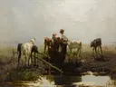 Kalveren bij een trog van Willem Maris: dieren met kalveren, koeien, drinkbak en weiland, in gedempt groen en grijs