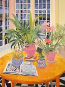 Interieur met diverse kamerplanten in gekleurde vazen op een oranje ronde tafel bij een raam.