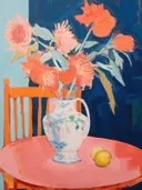 Kan met bloemen op oranje tafel, stilleven schilderij