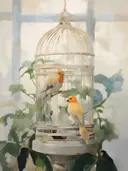 Schilderij van twee kanaries in een witte vogelkooi