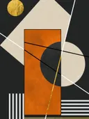 Geometrisch schilderij in Bauhaus-stijl met terracotta en goud