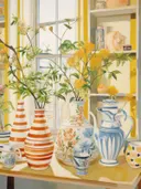 Verzameling sierkannen en kruiken op tafel bij een raam, met oranje-wit gestreept en blauw-wit bloemmotief
