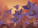 Schilderij van paarse klokbloemen met kanten patroon bij zonsondergang