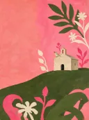 Schilderij van kapel op de heuvel in roze en olijfgroen, in vlakke kleurvlakken