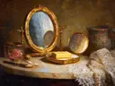 Schilderij van een kaptafel met ovale spiegel