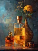 Stilleven schilderij van glazen karaffen met gele bloemen
