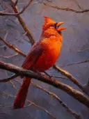 Rode kardinaalvogel zingend op tak, olieverfschilderij