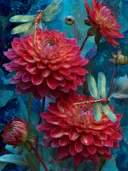 Schilderij van karmozijnrode dahlia's met libellen onder de sterren