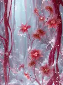 Schilderij van karmozijnrode stersbloemen in een besneeuwd winterbos