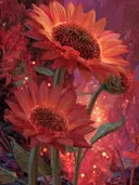 Schilderij van karmozijnrode zonnebloemen tegen een gloeiende achtergrond