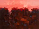 Abstract landschap in kastanjebruin en koraalroze