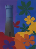 Schilderij van kasteel in alle kleuren van de regenboog