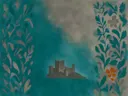 Schilderij van kasteel in aqua en warm grijs, in vlakke kleurvlakken