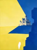 Schilderij van kasteel in citroengeel en kobalt, in vlakke kleurvlakken