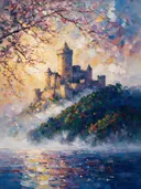Kasteel in de ochtendmist bij bloesem, schilderij van kasteel