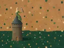 Schilderij van kasteel in dennengroen en klei, in vlakke kleurvlakken