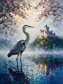 Kasteel in diep de ochtendmist bij bloesem, schilderij van kasteel