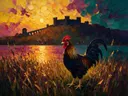 Kasteel in diep tegenlicht tussen de grassen, schilderij van kasteel