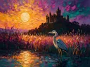 Kasteel in donker tegenlicht tussen de grassen, schilderij van kasteel