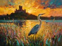 Kasteel in gedempt tegenlicht tussen de grassen, schilderij van kasteel