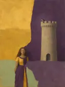 Schilderij van kasteel in goudgeel en paars, in vlakke kleurvlakken