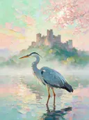 Kasteel in helder de ochtendmist bij bloesem, schilderij van kasteel