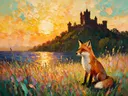 Kasteel in helder tegenlicht tussen de grassen, schilderij van kasteel