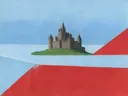 Schilderij van kasteel in hemelblauw en klaproosrood, in vlakke kleurvlakken
