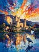 Kasteel in het volle beeld tegen een muur in de schaduw, schilderij van kasteel