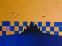 Schilderij van kasteel in kobalt en saffraan