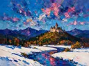 Kasteel in licht het vergezicht in de sneeuw, schilderij van kasteel