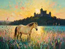 Kasteel in licht tegenlicht tussen de grassen, schilderij van kasteel