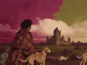 Schilderij van kasteel in magenta en olijfgroen