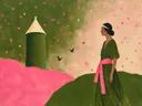 Schilderij van kasteel in olijf en roze, in vlakke kleurvlakken