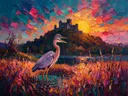 Kasteel in tegenlicht tussen de grassen, schilderij van kasteel