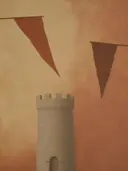 Schilderij van kasteel in terracotta en zand