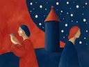 Schilderij van kasteel in vermiljoen en indigo, in vlakke kleurvlakken