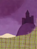 Schilderij van kasteel in violet en limoen, in vlakke kleurvlakken