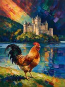 Kasteel in warm het volle beeld tegen een muur in de schaduw, schilderij van kasteel