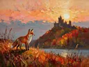Kasteel in warm tegenlicht tussen de grassen, schilderij van kasteel