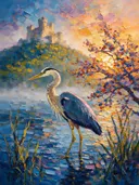 Kasteel in zacht de ochtendmist bij bloesem, schilderij van kasteel