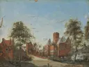 Kasteel Loenersloot aan de Angstel van Jan van der Heyden: landschap met kasteel, bomen, gracht en water, in gedempt groen en bruin