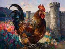 Kasteel van dichtbij in diep een bloementuin, schilderij van kasteel van dichtbij