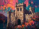 Kasteel van dichtbij in donker een bloementuin, schilderij van kasteel van dichtbij