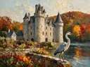 Kasteel van dichtbij in een bloementuin, schilderij van kasteel van dichtbij
