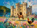 Kasteel van dichtbij in gedempt een bloementuin, schilderij van kasteel van dichtbij