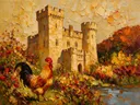 Kasteel van dichtbij in helder een bloementuin, schilderij van kasteel van dichtbij
