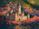 Kasteel van dichtbij in warm een bloementuin, schilderij van kasteel van dichtbij