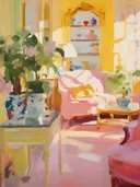 Geel-roze interieur met een houten kastje vol vazen, een blauwe kruik met rode bloem en een gele fauteuil.